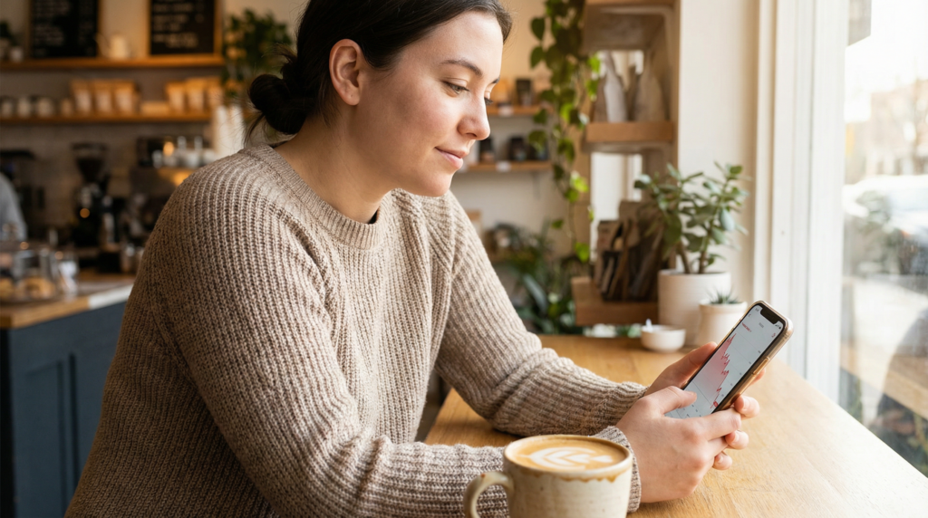 Person checking Bitcoin price on smartphone at coffee shop