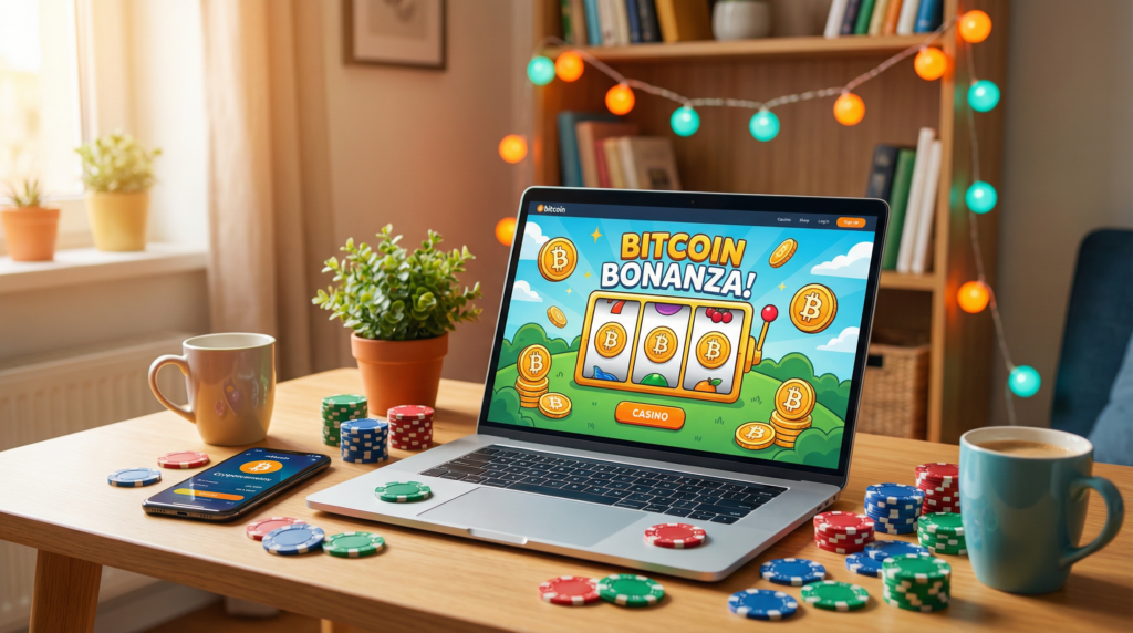 Laptop showing Bitcoin casino game with poker chips on casual desk