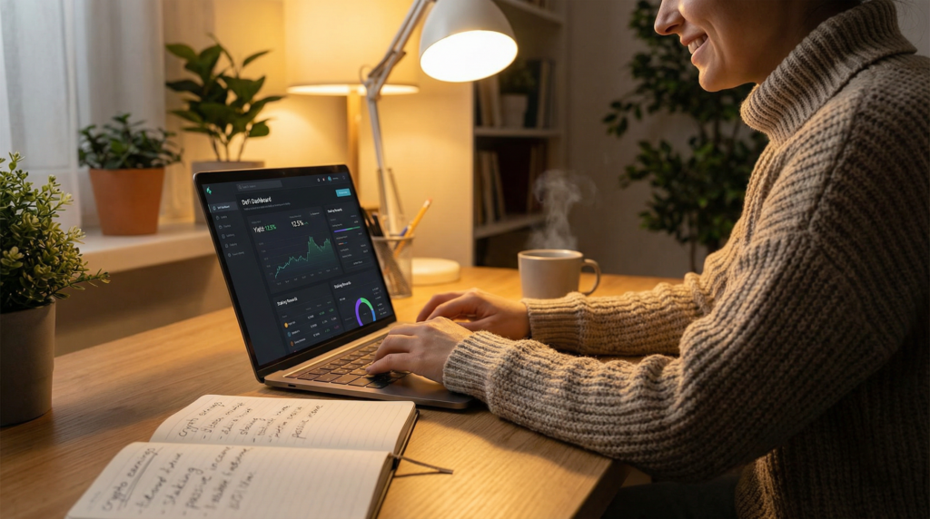 Person at home desk with laptop showing DeFi dashboard