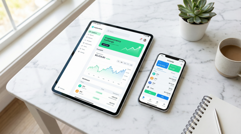 Crypto exchange apps on tablet and smartphone on marble desk