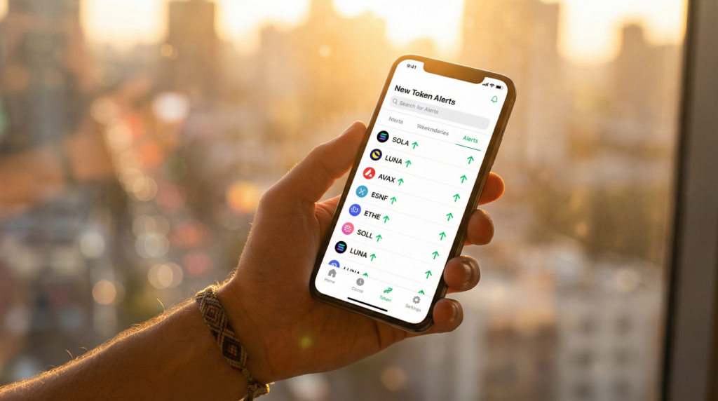 Hand holding smartphone showing new cryptocurrency token list